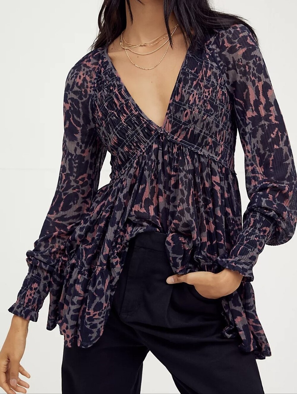 Free People Dark Romance Bohemian Babydoll Smocked Long Sleeve Tunic - Size S